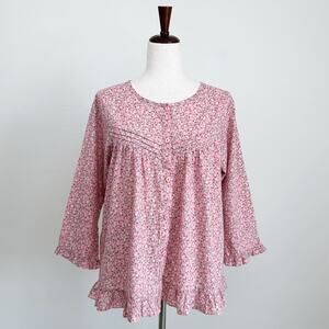 Apple Korean Pink Floral Girly Cottagecore Prairie Cotton Ruffle Blouse MEDIUM